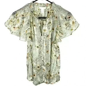 H&M Top Green Floral Key Hole Short Sleeve Sheer